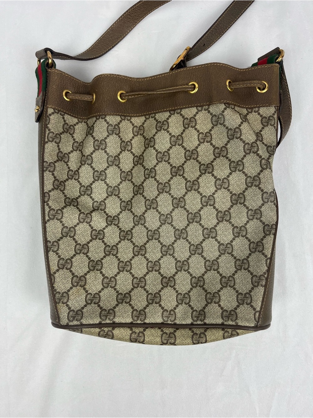 GUCCI Sherry Line Drawstring Shoulder Bag & Dustbag GG Brown Monogram VTG Italy - Picture 5 of 16